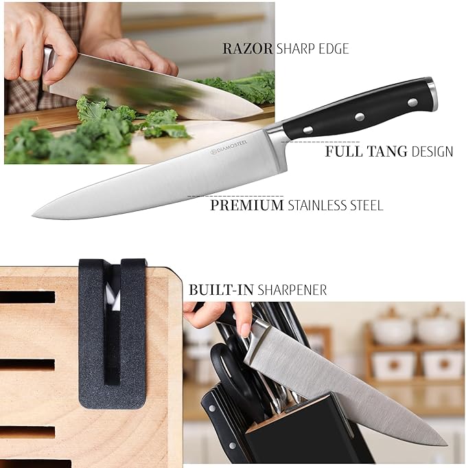 Black Knife Set, 15-Piece Knife Block Set with Built-in Sharpener Scissors for Kitchen, Dishwasher Safe Knives set Ideal Present for Family & Restaurant