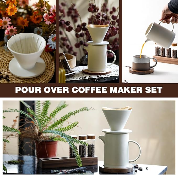 Pour Over Coffee Maker Set Vintage Ceramic Pour Over Coffee Dripper Set with 20 Count Paper Coffee Filters,for Home Café Restaurant Camping,15.8 Ounces(White)