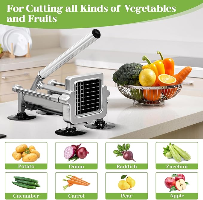 Commercial French Fry Cutter, Heavy Duty Potato Slicer with 3/8 and 1/2Inch Blade, Stainless Steel Potato ChopperFrench Fries Cutter with Suction Feet,