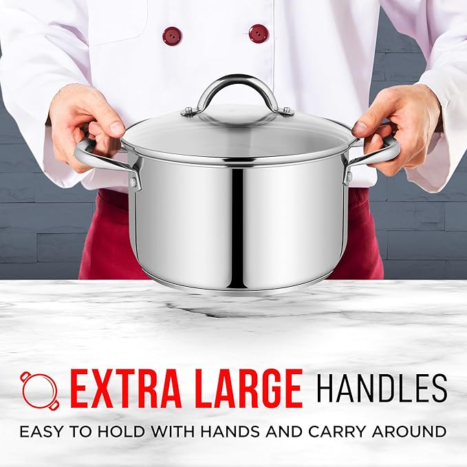Stainless Steel Stockpot with Tempered Glass Lid 5 Quart, Durable 18/0 Stainless Steel, Impact-Bonded Base for Even Heating, Riveted Handles, Oven & All Stove Compatible, Safe Up To 500°F (260°C)