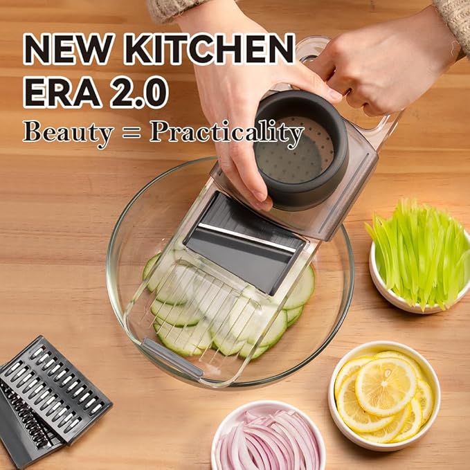 Multifunctional Handheld Mandoline Slicer for Kitchen – Sharp Vegetable Cutter with Safety Guard, 6‑in‑1 Cucumber Slicer & Grater, Crystal-Clear One-Piece Body, Easy to Clean, Sturdy & Compact