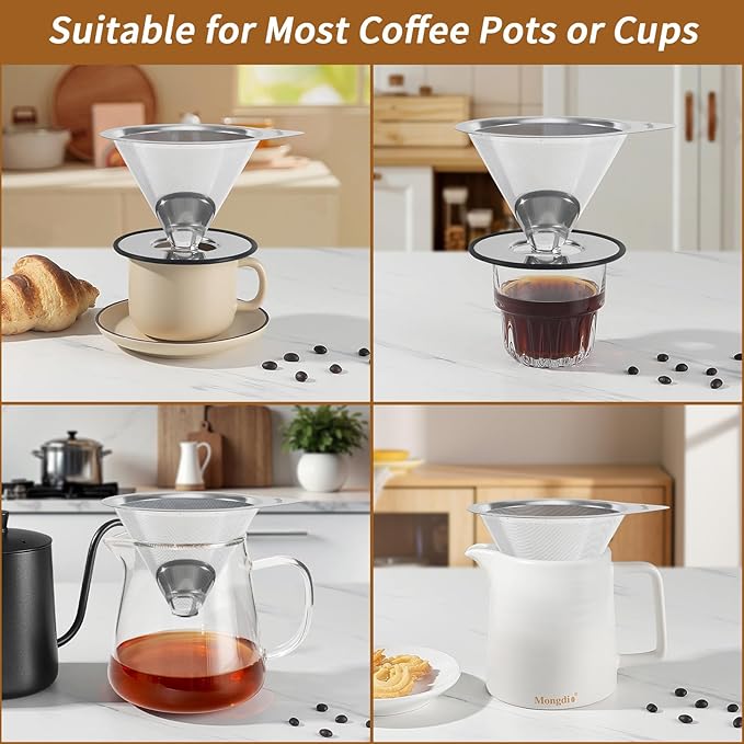 Mongdio Pour Over Coffee Dripper, Stainless Steel Coffee Dripper, Reusable Metal Coffee Filter, Double Mesh Design of Pour Over Coffee Maker, With Removable Base.1-4 Cups