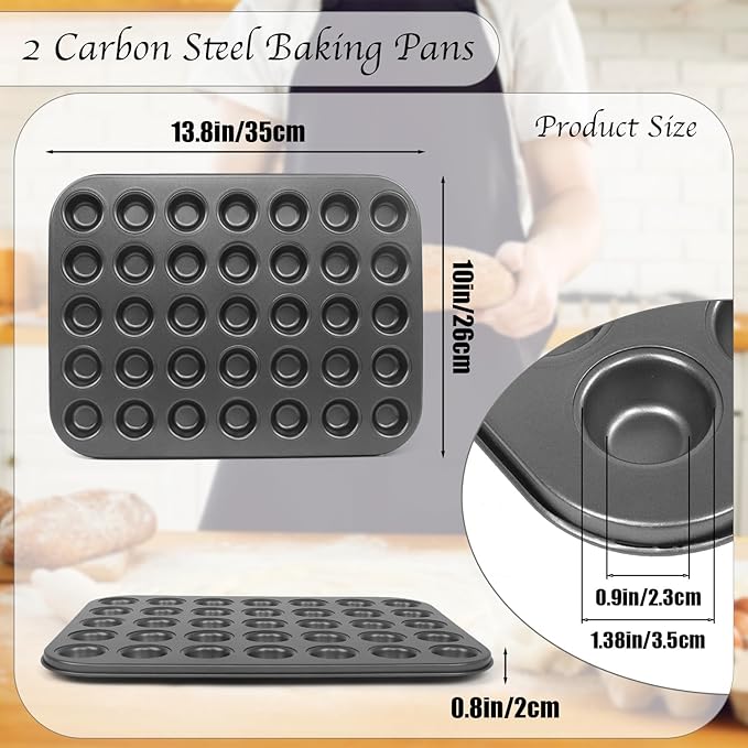 Muffin Pan, 2 Pcs 35 Cup Cupcake Pan Muffin Tin Non Stick Muffin Pan Steel Mini Muffin Tin For Baking Cheesecake Tailgate Party Supplies, Dishwasher Safe, 13.8 X 10.4 X 0.8 Inches