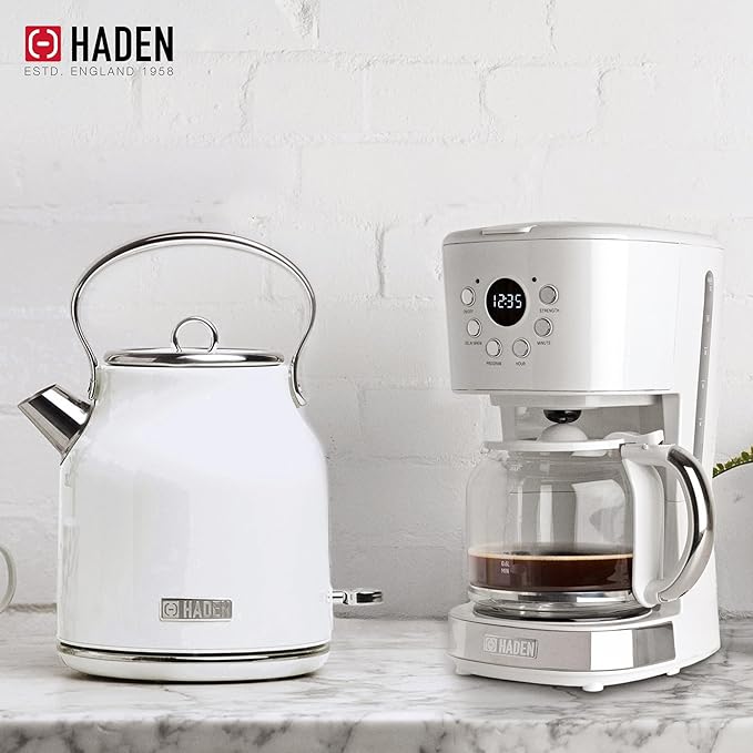 HADEN Coffee Machine, 12 Cup Drip Coffee Maker Bundled with Heritage 1.7 Liter Stainless Steel Electric Kettle, Ivory & Chrome