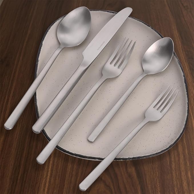 KINGSTONE 40 Piece Silverware Set, Flatware Set for 8, 18/10 Stainless Steel Cutlery Set Mirror Polished Modern Design Dishwasher Safe, Matte Silver