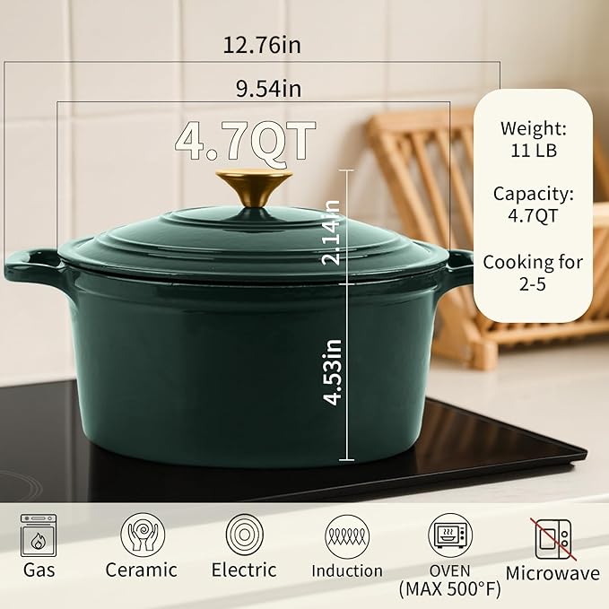 Enamel Cast Iron Dutch Oven with Lid, Round Casserole Pot for Bread Baking, Braising, Roasting, and Stews, Heavy-Duty, Oven Safe, Induction Compatible (4.7QT,Green)