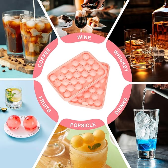 2 PCS Round Ice Cube Mold with Lid for Freezer Stackable Round 25-Ball Silicone Ice Ball Mold Easy to Release, Small Ice BPA-Free Trays for Freezer for Whiskey, Cocktail, Chilling (Pink)