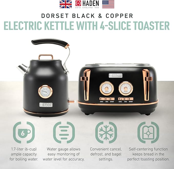 Haden Dorset 1.7 Liter Stainless Steel Electric Kettle with 360-Degree Base Bundled with 4 Slice Wide Slot Stainless Steel Toaster, Black & Copper