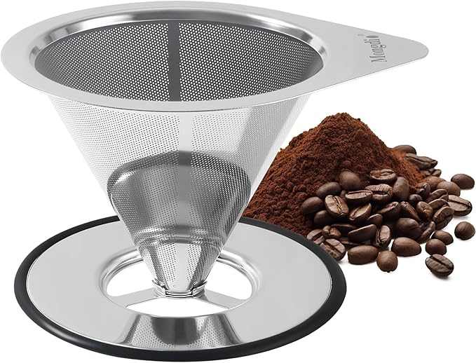 Mongdio Pour Over Coffee Dripper, Stainless Steel Coffee Dripper, Reusable Metal Coffee Filter, Double Mesh Design of Pour Over Coffee Maker, With Removable Base, 1-2 Cups