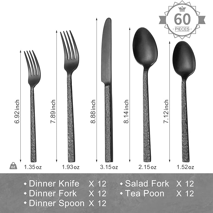 KINGSTONE 60 Pcs Black Hammered Silverware Set for 12, 18/10 Stainless Steel Heavy Duty Flatware Set, Tableware Cutlery Utensil Sets for Home Restaurant Dishwasher Safe