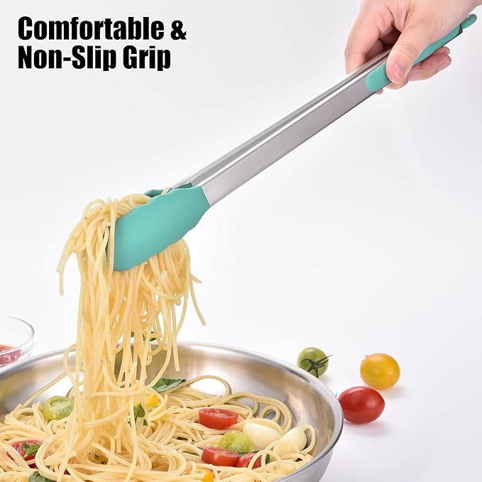 Doosu Kitchen Tongs for Cooking - 600°F Heat Resistant Food Tong with Non-Scratch Silicone Tips, Heavy Duty Stainless Steel Locking Tong for BBQ, Grilling Steak, Serving Salad, Pasta (16in, Aqua Sky)