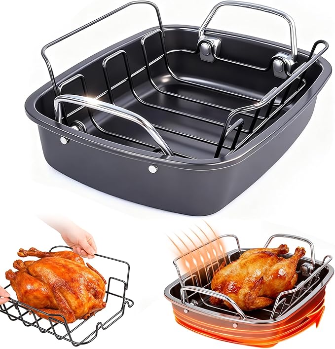 24lb Carbon Steel Nonstick Roasting Pan with Rack - BPA Free, Leak-Proof, 450°F Heat Resistant (17x13x4in) | Oil-Draining, Dishwasher Safe for Thanksgiving Christmas Turkey