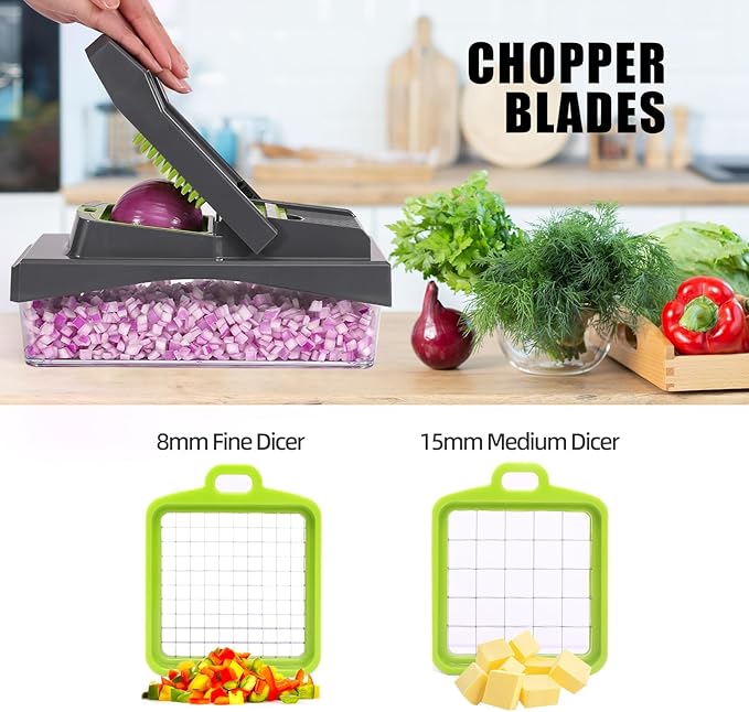RüK 10-in-1 Vegetable Chopper – 6 Blade Veggie Chopper with Container, Food Dicer, Onion Cutter, Cheese Grater, Mandoline Slicer, Kitchen Gadgets & Home Essentials (Gray)