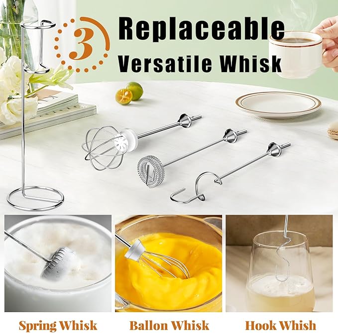 Nahida Beige Milk Frother Wand for Coffee,Handheld Rechargeable Electric Whisk with Stand