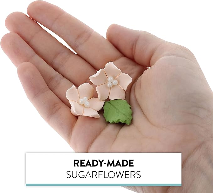 Global Sugar Art Blossoms and Leaves Edible Sugar Cake & Cupcake Flowers, Peach, Small Unwired, 24 Count with leaves by Chef Alan Tetreault