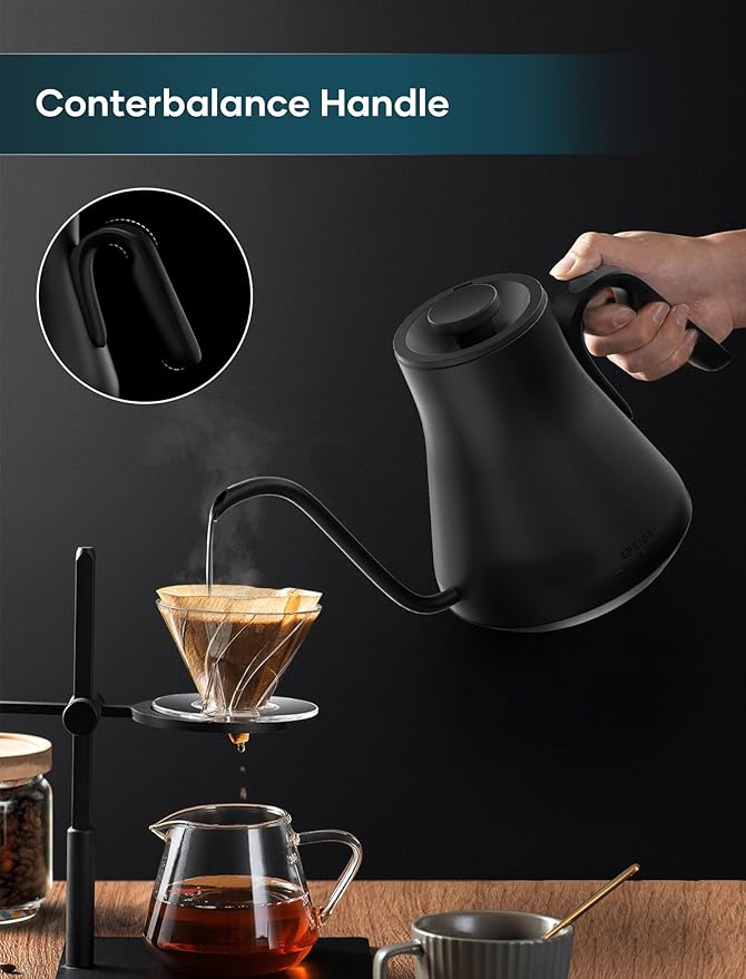 Gooseneck Electric Kettle with ±1℉ Temperature Control for Pour Over Coffee & Tea, Quick Heating, BPA-Free Stainless Steel, Built-in Brew Timer, 1500W/0.9L (Ebony Black)
