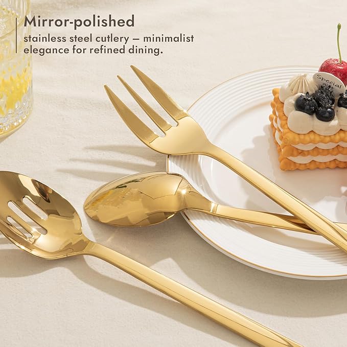 KINGSTONE Large Hostess Gold Serving Utensils Set,18/10 Stainless Steel Heavy Duty 10inch Serving Spoons,Slotted Spoons,Serving Fork,Serving Tongs, Cake Pie Server For Buffet, Wedding, Party