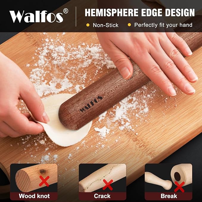 Walfos French Rolling Pin Set - Natural Wooden Rolling Pins (8inch, 15.7inch) With Non-stick Silicone Fiber Pastry Mat, Baking Dough Roller for Pizza, Pie, Pasta, Bread, Pastry