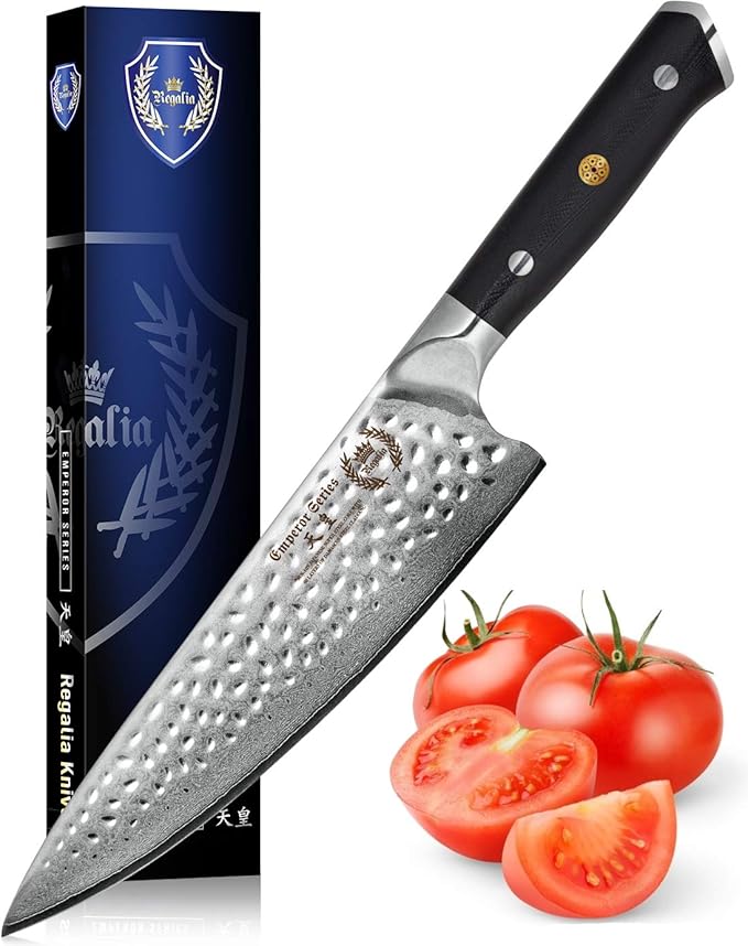Chef Knife: Best Professional Quality 8 Inch Japanese AUS10 67-Layer High Carbon Damascus Stainless Super Steel Gyuto- Razor Sharp Full Tang Blade w/Hammered Finish & Ergonomic G10 Handle