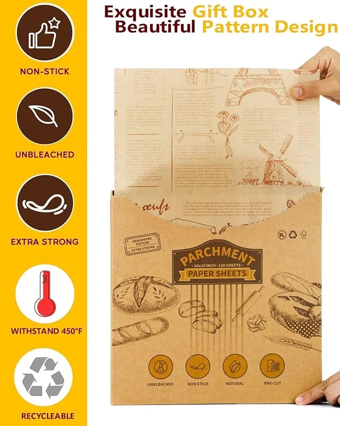 Katbite 130Pcs 10 Inch Sandwich Wrapping Paper, Heavy duty Deli Paper, Greaseproof & Non-stick Parchment Paper, Pre-cut Unbleached Parchment Paper is Perfect for Wrap Bread, Burger and Sandwich