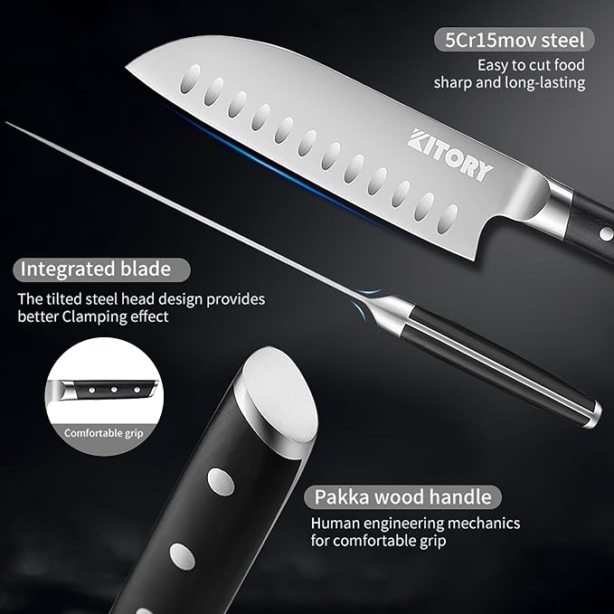 Kitory Santoku Knife - 7 Inch Full Tang GRANTON BLADE Kitchen Knife - Chef Knife for Chopping Vegetables- Forged German High Carbon Steel -2024 Gifts