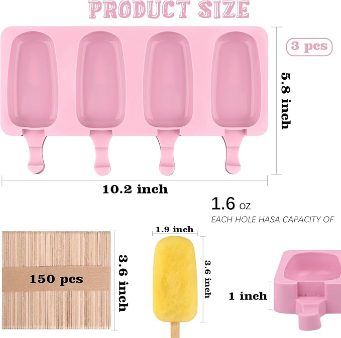 Sakolla Large Silicone Popsicle Molds Set of 3, Oval 4 Cavities Homemade Ice Pop Molds with 150 Wooden Sticks for Ice Cream, Cakesicles, Cake Pop (Pink)