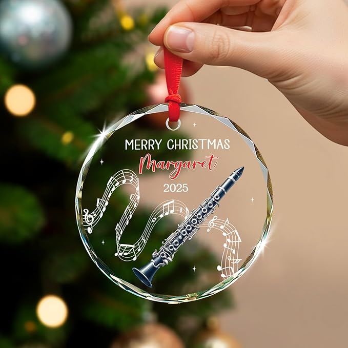 Clarinet Player Christmas Glass Ornament, Personalized Clarinet Xmas Ornament Gifts for Musical Instrument Player, Clarinettist Christmas Keepsake, Custom Text & Name Musician Glass Ornaments 2025