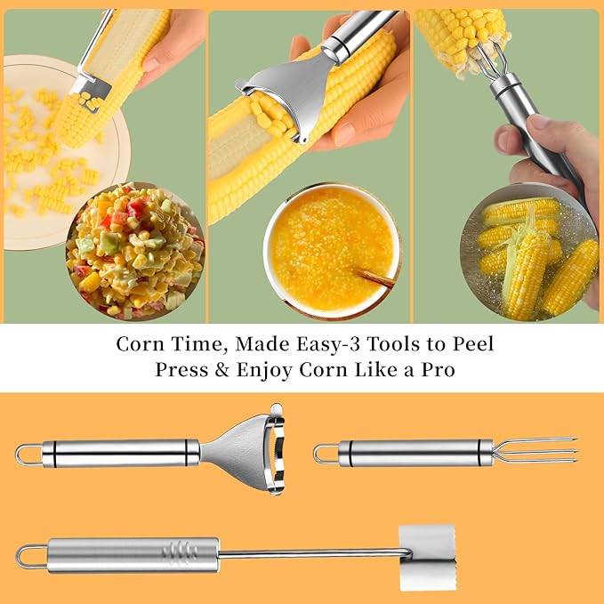 Corn Peeler Tool for Corn on The Cob, Upgrade 3pcs Corn Cob Stripper & Kernel Remover with Long Handle - The Ultimate Kitchen Gadget for Effortless Cooking, A Must-Have Gift for Dining Enthusiasts