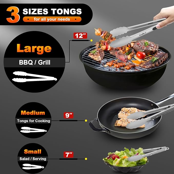 Walfos Stainless Steel Kitchen Tongs for Cooking- 7 ，9 and 12 Inch, Food Grade Metal Tongs for Cooking, BBQ, Set of 3 Heavy Duty Locking Cooking Tongs Non-Slip Grip