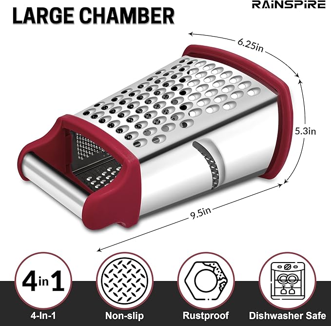 Rainspire Professional Box Grater, Cheese Grater Box for Kitchen Stainless Steel with 4 Sides, Cheese and Spice Graters with Handle for Vegetables, Ginger, Potatoes, Red