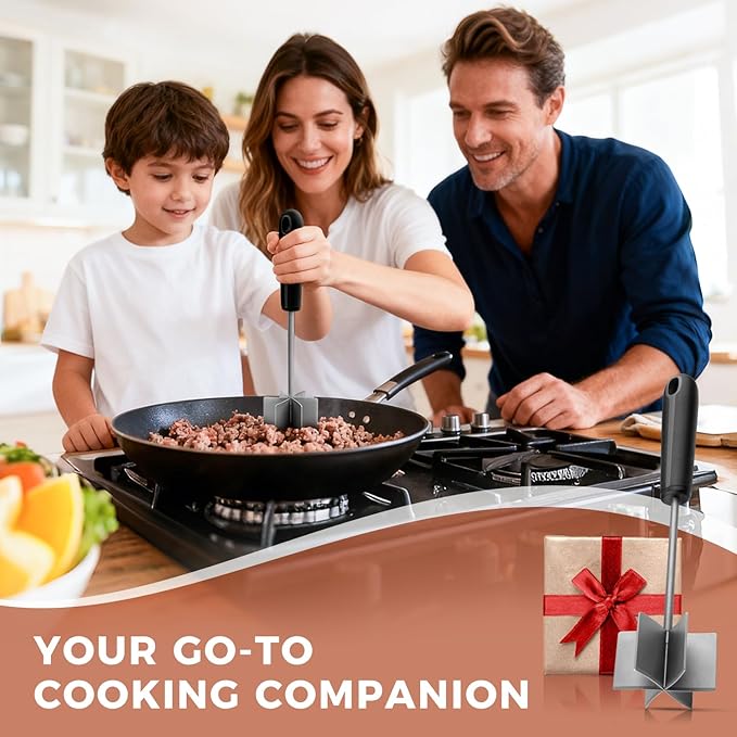 Stainless Steel Meat Chopper & Masher, Coinicxcel 10 Inch Heat Resistant Ground Beef Chopper Tool with 6 Curve Blades & Egonomic Non-Slip Handle, Heavy-Duty Hamburger Smasher Tool Dishwasher Safe