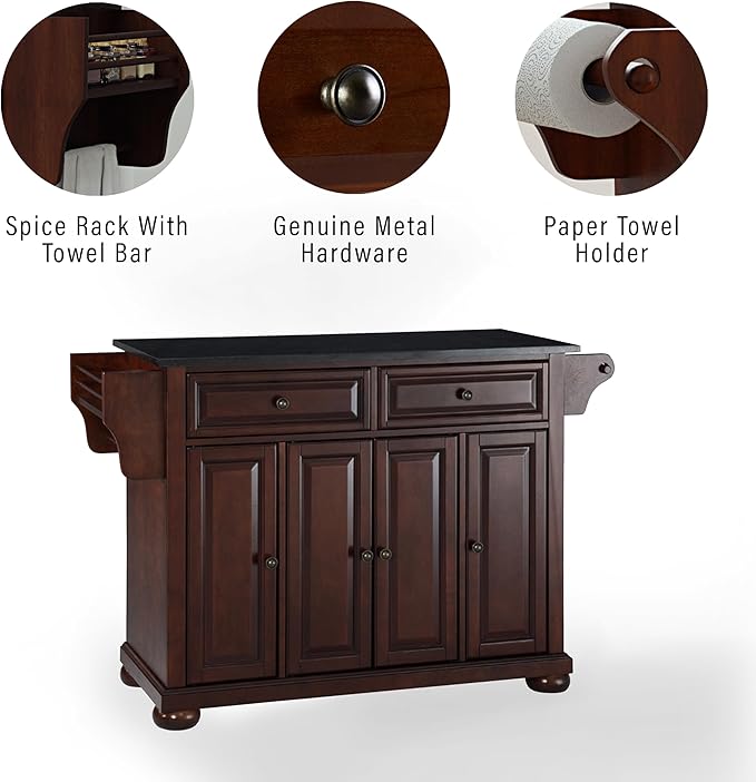 Crosley Furniture Alexandria Granite Top Rolling Kitchen Island Storage Cart, Microwave Stand, Spice Rack, Mahogany
