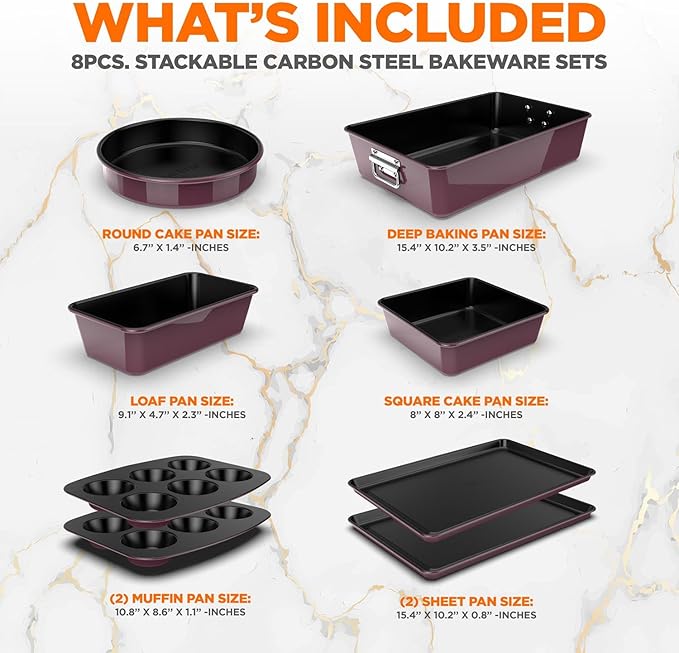 NutriChef 8-Piece Nonstick Stackable Bakeware Set - PFOA, PFOS, PTFE Free Baking Pan Set w/Non-Stick Coating, 450°F Oven Safe, Round Cake, Loaf, Muffin, Wide/Square Pans, Cookie Sheet (Plum)