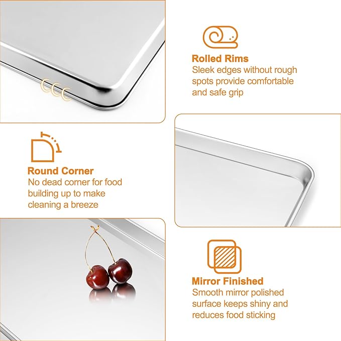 TeamFar Stainless Steel Baking Sheet with Rack Set, 16/12.5/10.5 Inch Cookie Sheets Baking Pans and Cooling Racks for Cooking Serving, Non-Toxic & Heavy Duty, Dishwasher Safe, 6 PCS (3 Pans + 3 Racks)