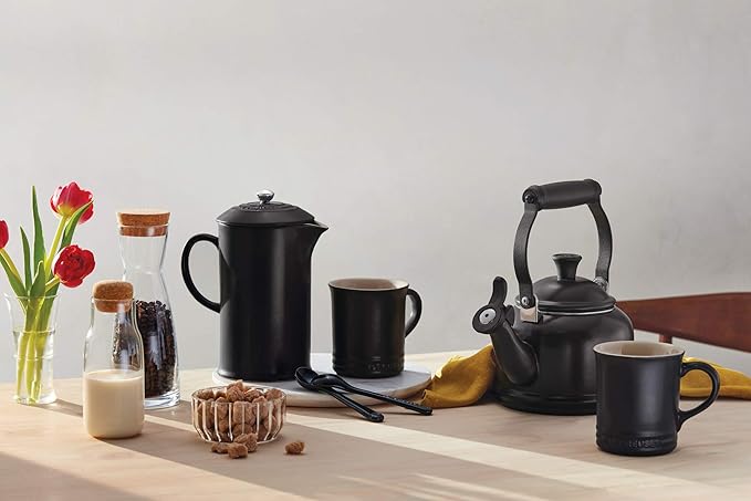 Le Creuset Enamel On Steel Demi Kettle & Stoneware Set of 2 Mugs, 1.25 qt. Kettle & (2) 14 oz. Mugs, Licorice