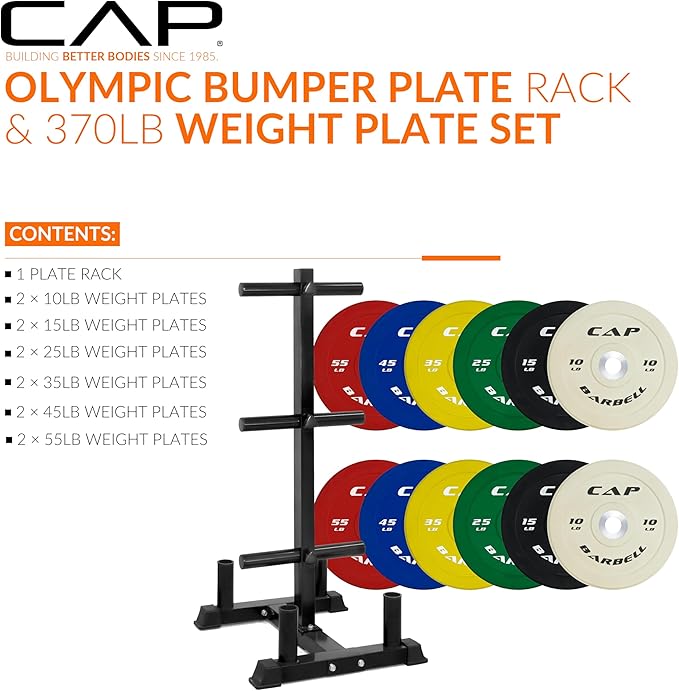 CAP Barbell 2-Inch Olympic Bumper Plate Weight Set with 6 Post Rack | 100-370 lbs | Multiple Options