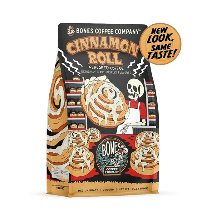 Bones Coffee Company Cinnamon Roll Flavored Coffee, Medium Roast Low Acid Arabica Beans Compatible with Auto drip and French Press Coffee Maker, 12 Oz Ground