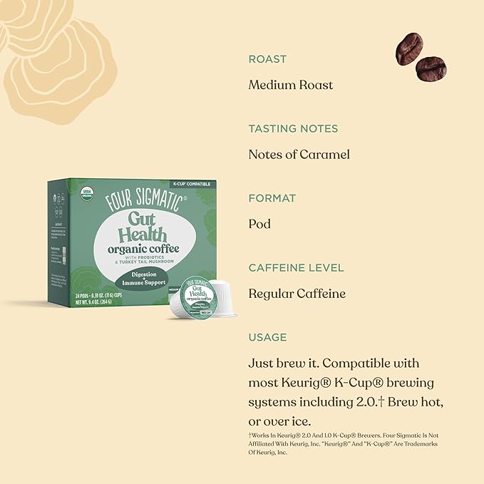 Four Sigmatic Gut Health Organic Coffee Pods | Medium Roast Probiotic K Cups with Chaga and Turkey Tail | Immune Boosting, Probiotic Mushroom Coffee K Cups for Gut Health and Immune Support | 24 Count