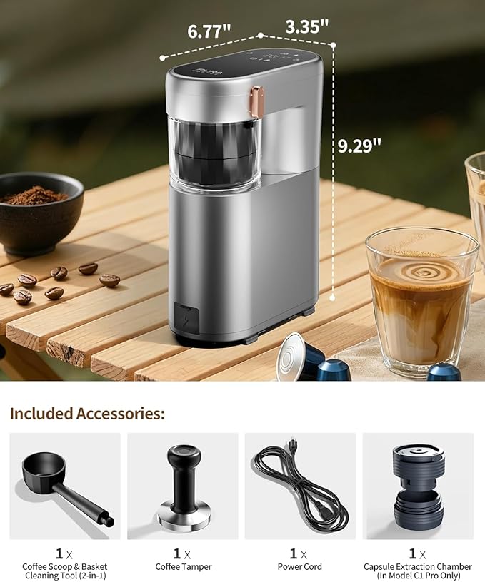 C1 Pro Portable Electric Coffee Machine, 20 Bar Travel Espresso Maker with Ground Coffee & NS Capsule, Rechargeable, Instant Heating, 6.1oz Water Tank for Car RV Camping Hiking Office Home