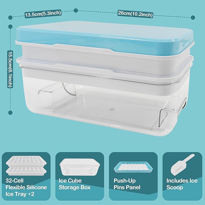 Satax Silicone & Plastic Ice Cube Trays with Lids and Bin - Durable, BPA-Free, Easy Release, Perfect for Cocktails, Coffee & More (2, blue)