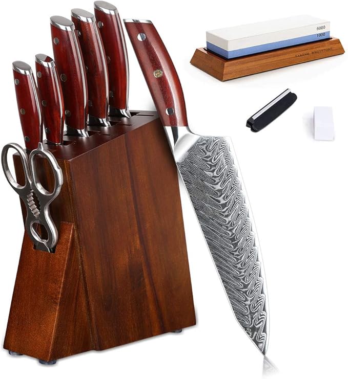 YARENH 8-Piece Kitchen Knife Set with Block,Damascus Chef Knife, 67-Layer High Carbon Stainless Steel,Sharp Rust-Resistant Blades,Sandalwood Handle