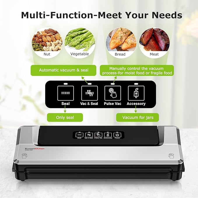Bonsenkitchen Vacuum Sealer Machine with 40 Bags | Compact Food Sealer for Kitchen Storage & Meal Prep | Multiple Modes | External Vacuum System, Silver
