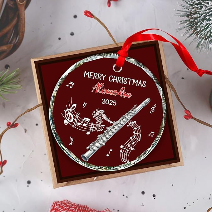 Custom Musical Instrument Christmas Ornament With Text & Name, Flute Instrument Glass Keepsake Gifts For Flutist, Personalized Flute Player Xmas Glass Ornament, Music Lovers Ornaments Christmas 2025