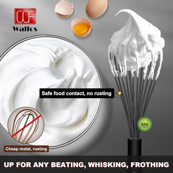 Walfos Whisk Silicone Whisks set, Non Scatch Coated Whisks for Cooking and Baking, Heavy Duty Set of 4 Kitchen Whisk - 11'' Flat Wisk and 7''+10''+12'' Balloon.