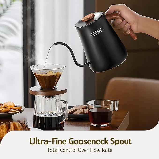 Hazel Quinn Gooseneck Electric Kettle - 0.8L / 27oz, Precise Temperature Control, 4-Hour Keep Warm, 1000W Fast Boil, 304 Stainless Steel Interior, Ideal for Coffee & Tea - Black