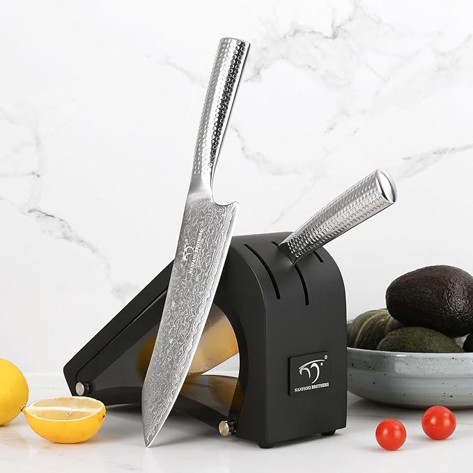 Damascus Kitchen Knife Set with Block, 4 Pieces Knife Block Set with Hammered Patterns Ergonomic Handles, 67 Layer Handmade Damascus VG10 Steel Core NF-D0519T-4B