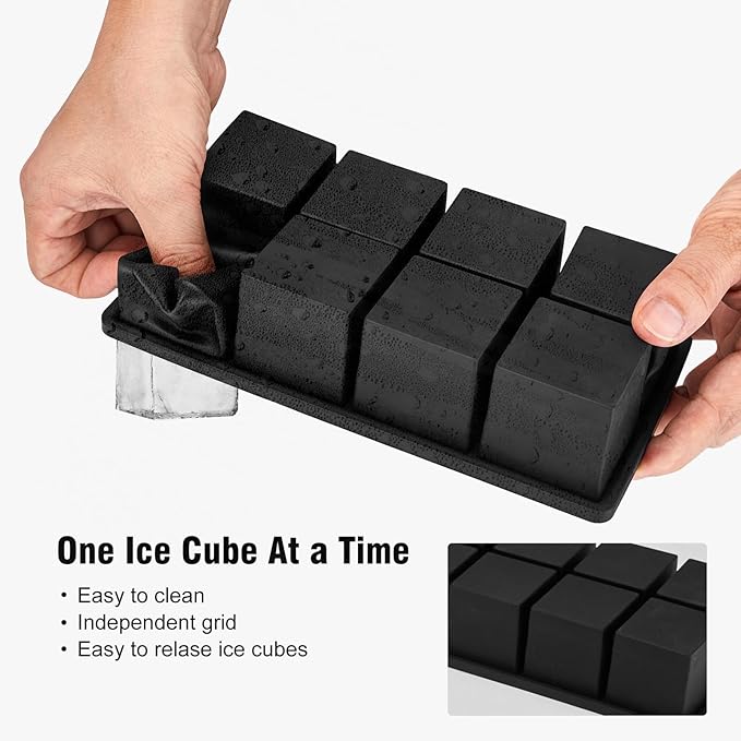 Samuelworld Large Silicone Ice Cube Tray Molds, 3-Pack, Big 2 Inch Cubes - Food Grade, Flexible, 8 Cavity Easy Release Slow Melting Ice for Whiskey, Cocktails, Gifts & Christmas - Black（Ice Bag）