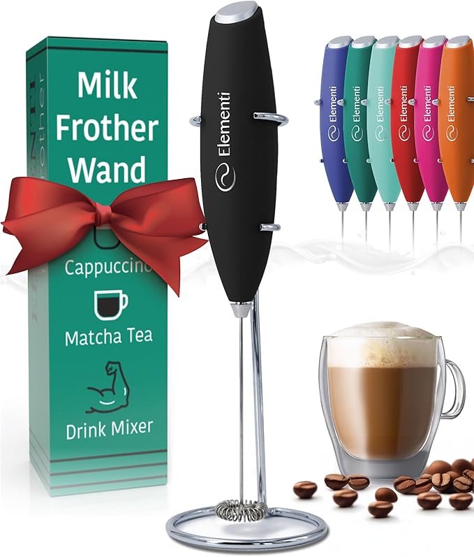 Elementi Milk Frother Wand & Drink Mixer with Stand - Turbo Milk & Coffee Frother Handheld - Hand Held Coffee Mixer Wand & Cold Foam Maker for Frothy Cappuccinos, Lattes & Drink Mixes at Home (Black)