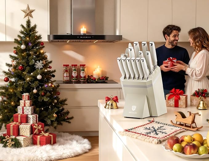 BRODARK Kitchen Knife Set with Block and Sharpener – 15-Piece Ultra Sharp White Knife Set Full Tang Stainless Steel Knife Block Set with Ergonomic Handle – Christmas Gift, Roman Series
