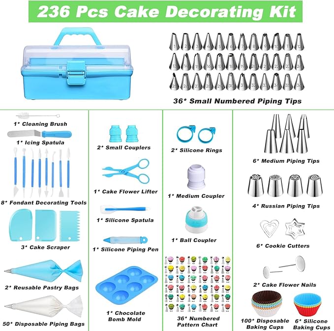 Suuker Cake Decorating Tools Supplies Kit, 236 Pieces Baking Accessories with Storage Case, Frosting Piping Kit, Piping Bags and Tips Set with 36 Numbered Piping Tips, Pastry Bags for Cake